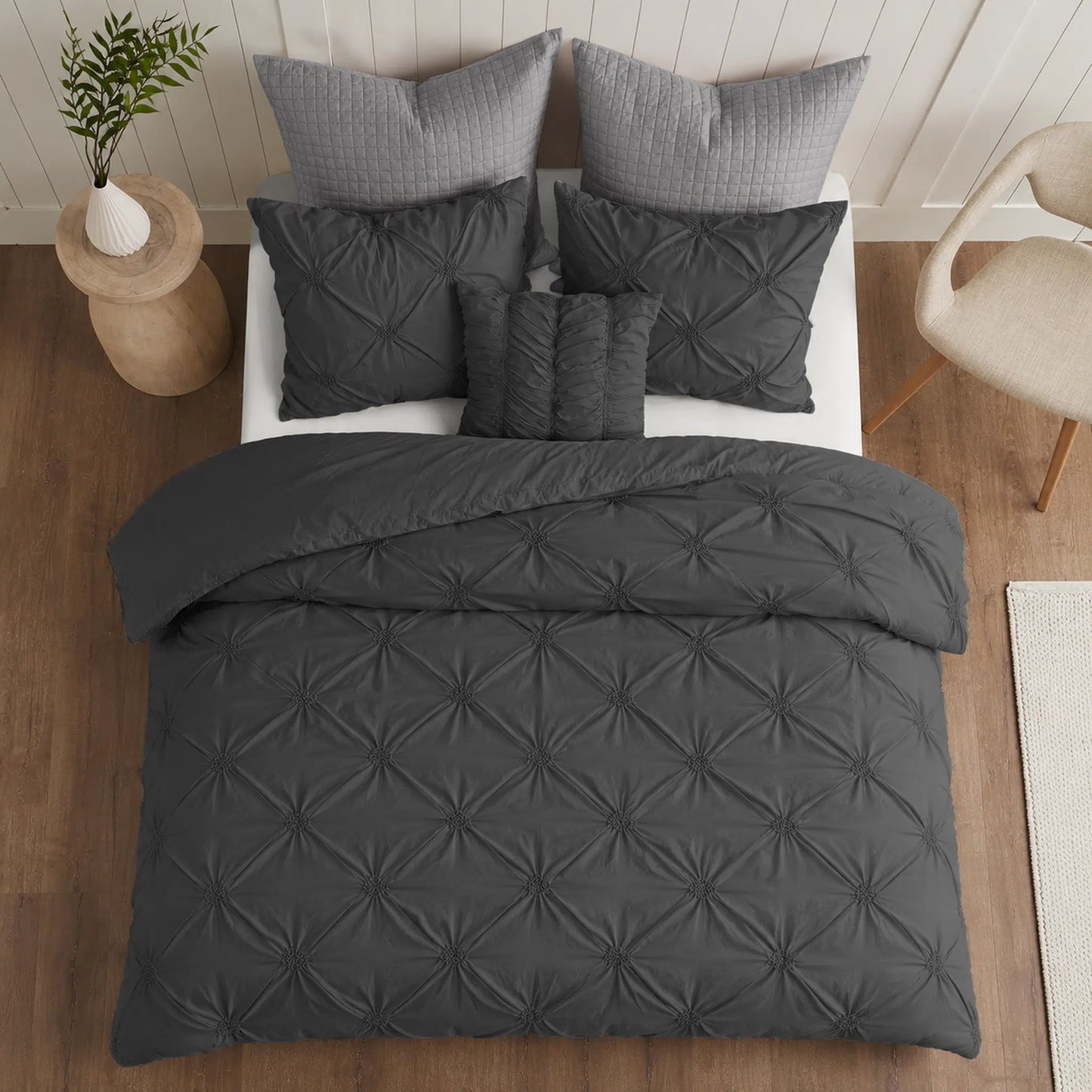 Charcoal Diamond Pintuck Duvet Cover Set with an all-over gathered pattern on a bed