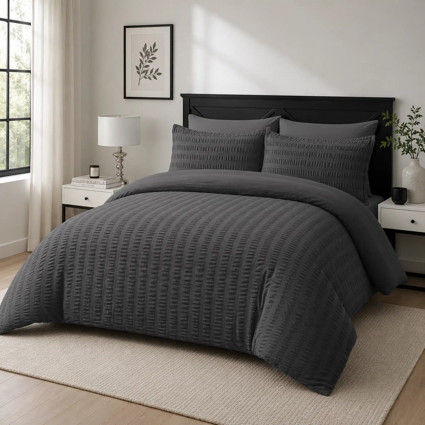 Charcoal Grey seersucker duvet cover set with raised vertical check texture