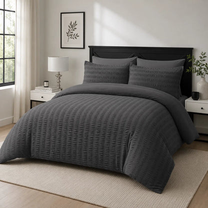 Charcoal Grey seersucker duvet cover set with raised vertical check texture