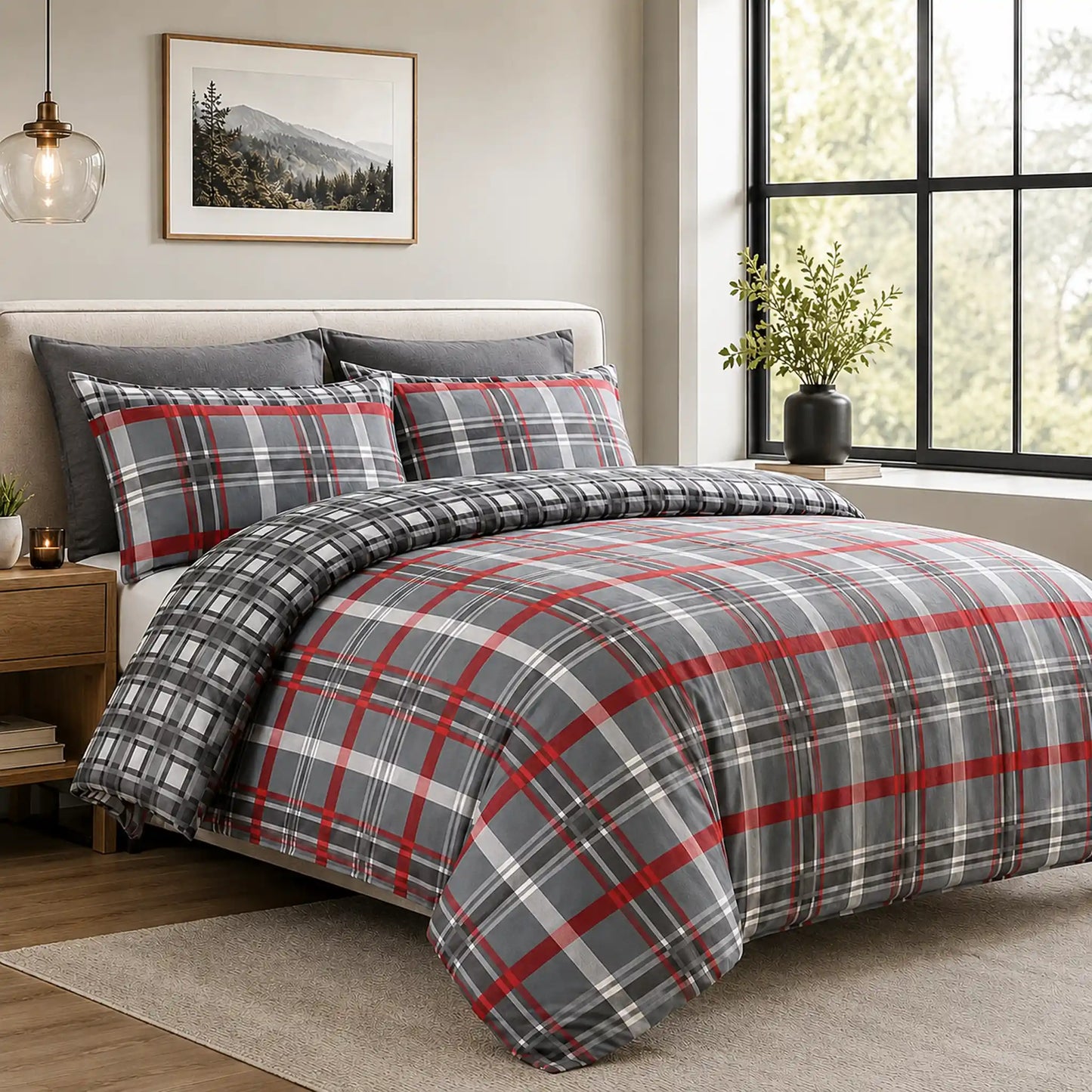Red and charcoal tartan check duvet cover set styled on a bed