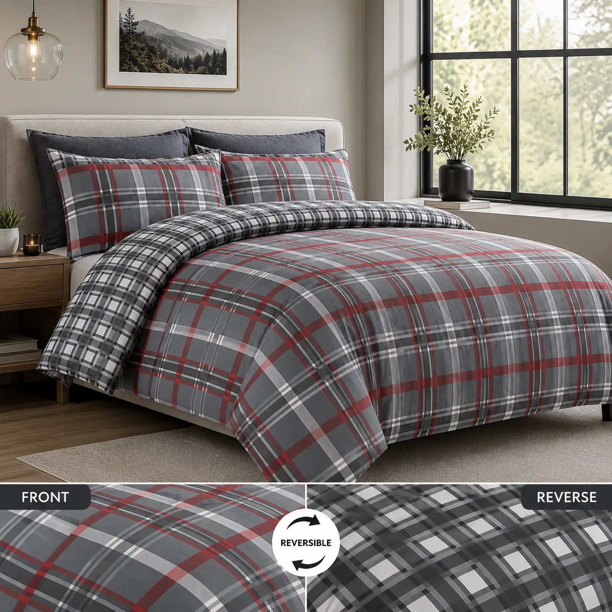 Reversible red and grey tartan check duvet cover set showing front side and monochrome check reverse — Stoftly UK