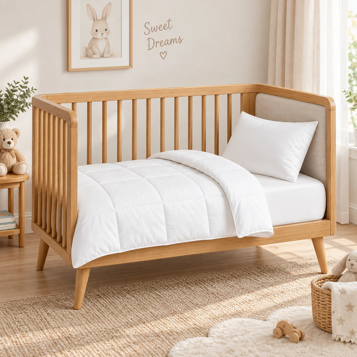 White cot bed duvet and matching pillow set for toddler bed