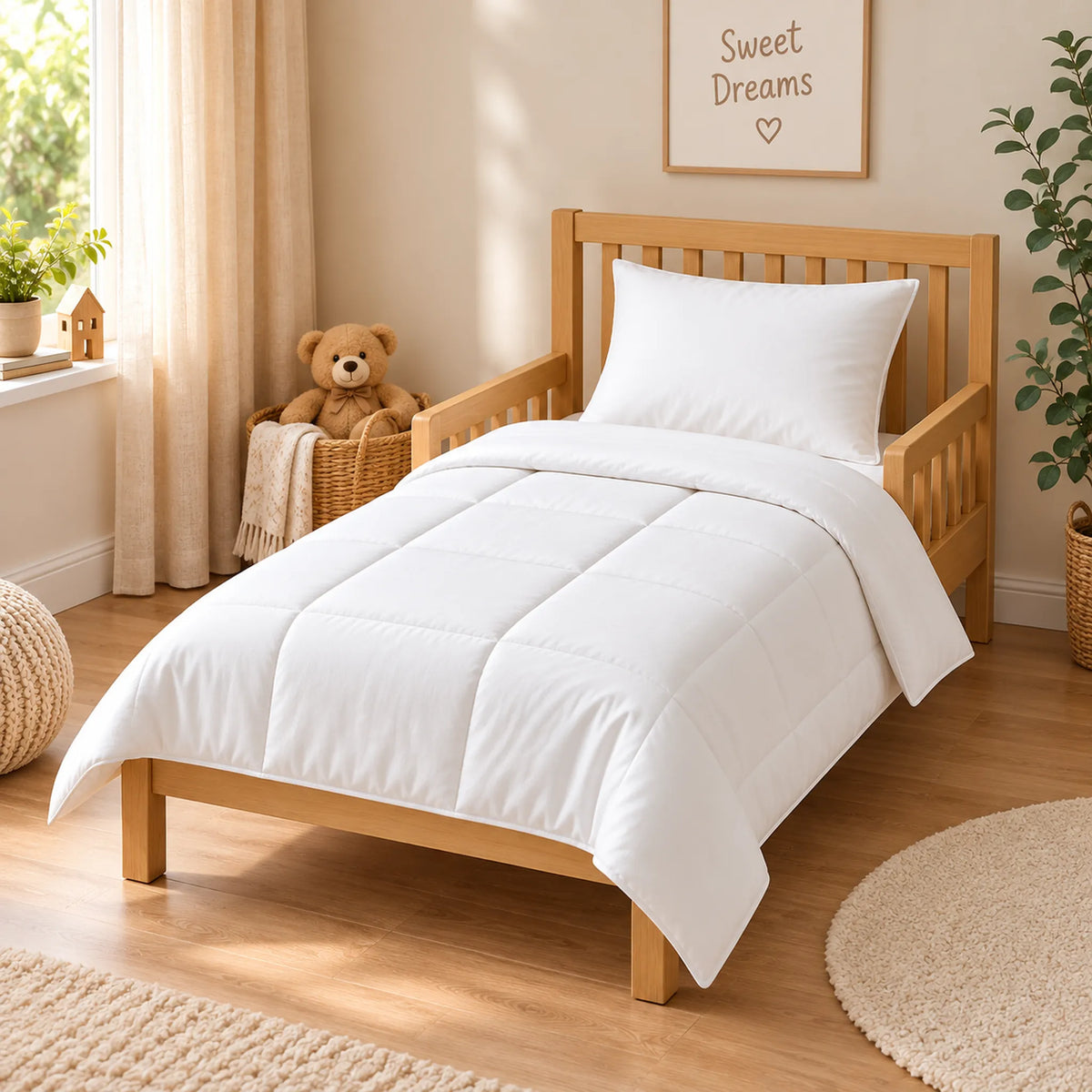 White cot bed duvet and pillow set displayed on a wooden toddler bed with side rails