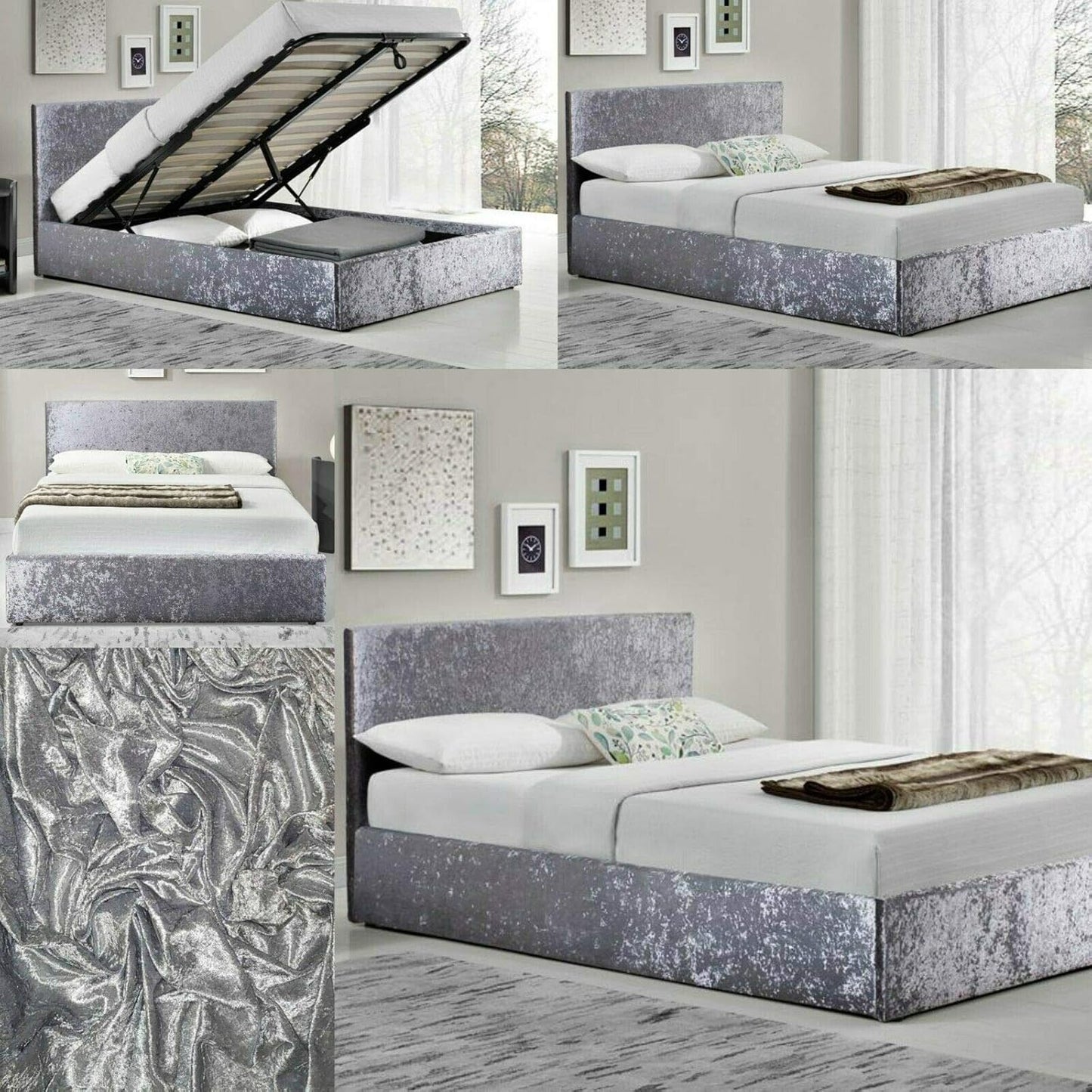Collage showing crushed velvet divan base cover styling, fabric texture, and storage base