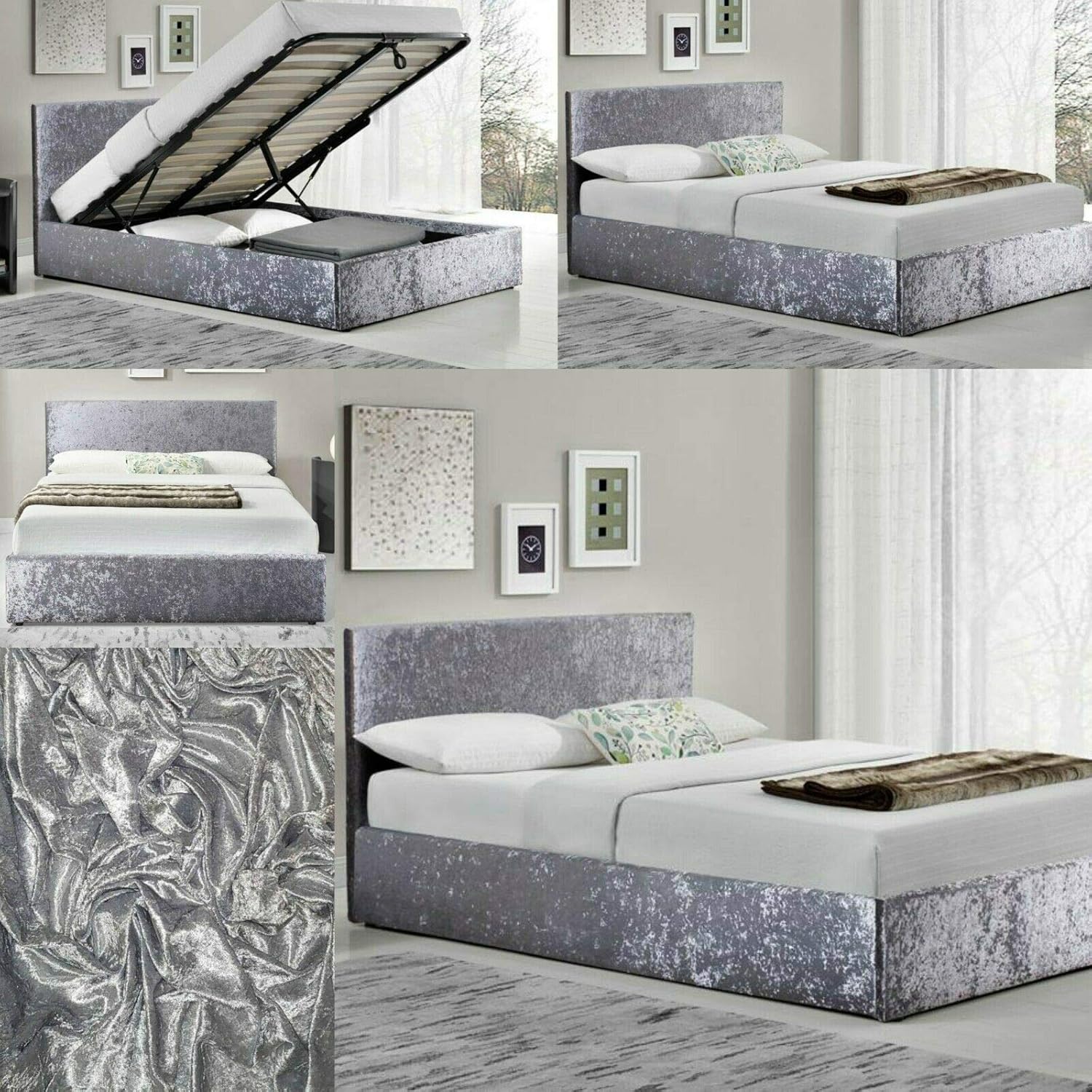 Collage showing crushed velvet divan base cover styling, fabric texture, and storage base