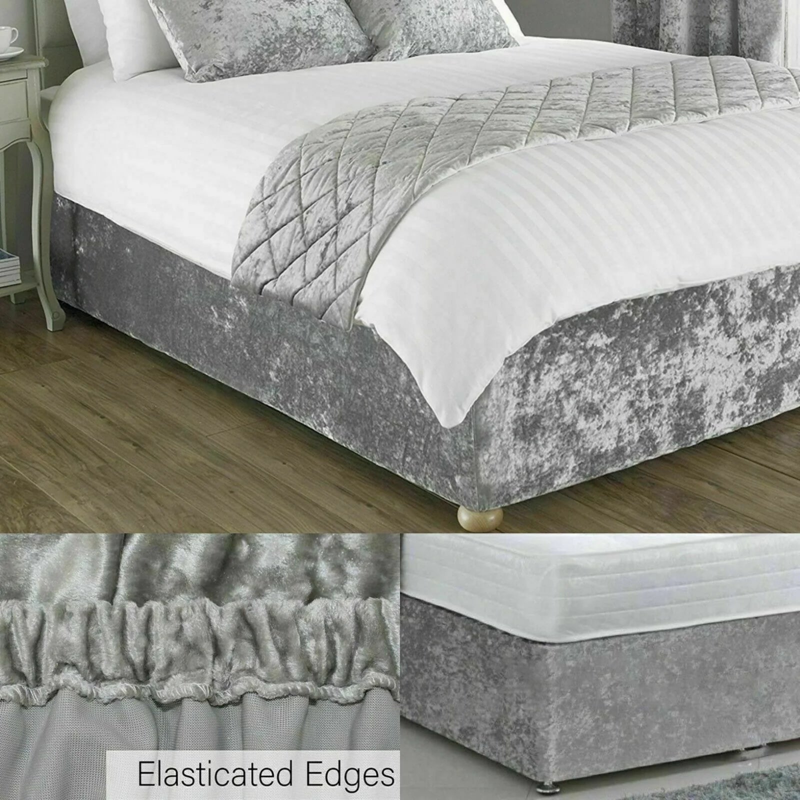 Grey crushed velvet divan base cover with elasticated edge detail and fitted mattress corner
