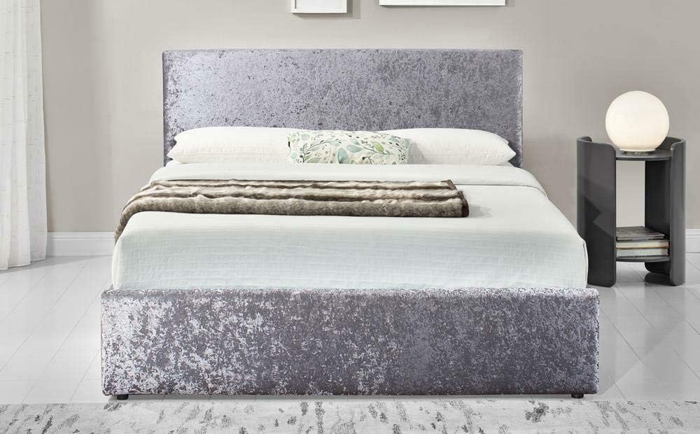 Front view of grey crushed velvet divan base cover with matching headboard in bedroom