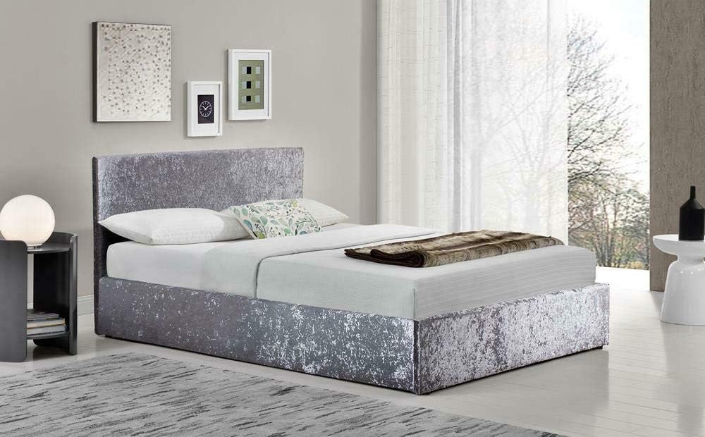 Grey crushed velvet divan base cover in a minimalist bedroom setting