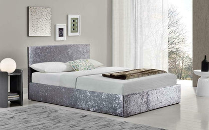 Grey crushed velvet divan base cover in a minimalist bedroom setting