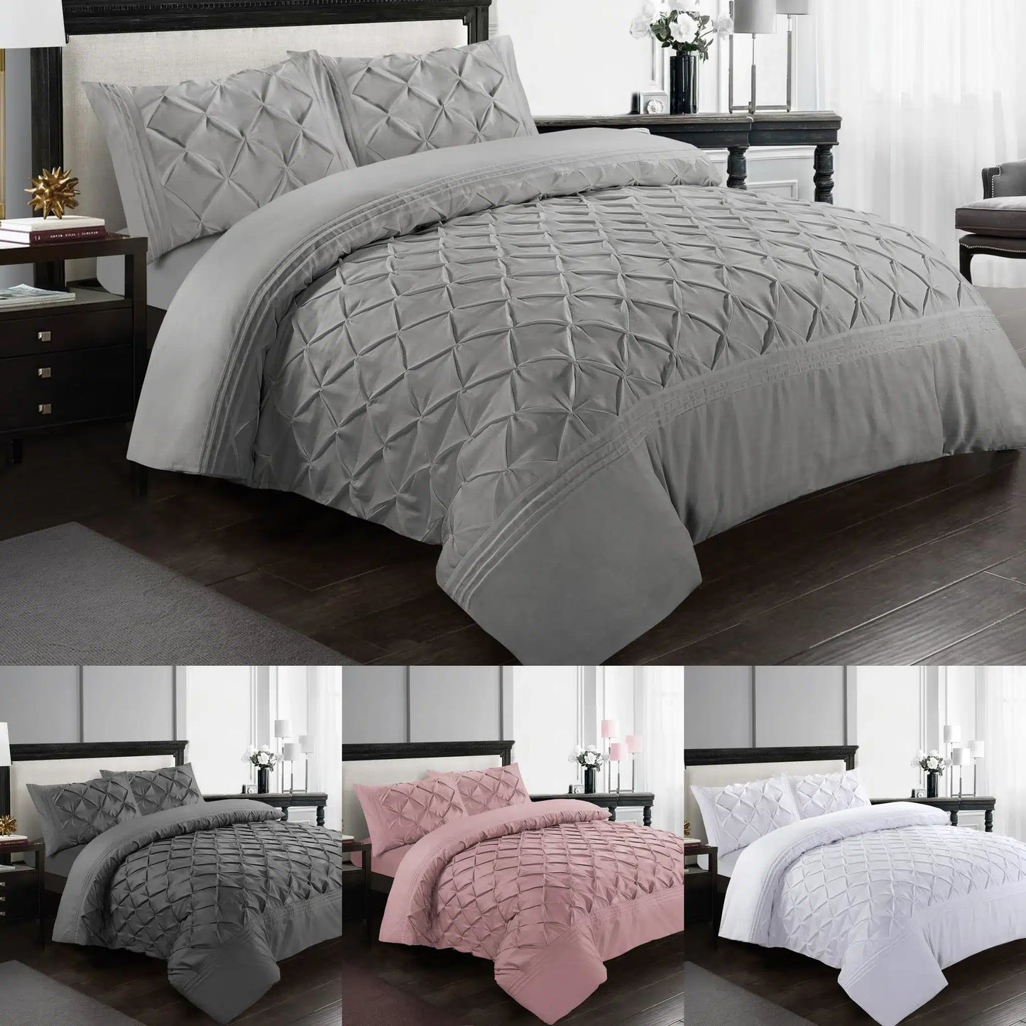 Deluxe pintuck duvet cover set shown in silver, charcoal, soft pink and white — pinch pleated diamond bedding with matching pillowcases