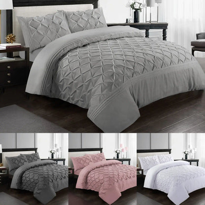 Deluxe pintuck duvet cover set shown in silver, charcoal, soft pink and white — pinch pleated diamond bedding with matching pillowcases