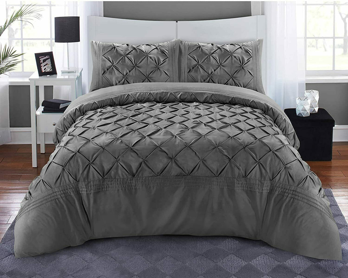 Charcoal Deluxe pintuck duvet cover set with structured folded-diamond detailing