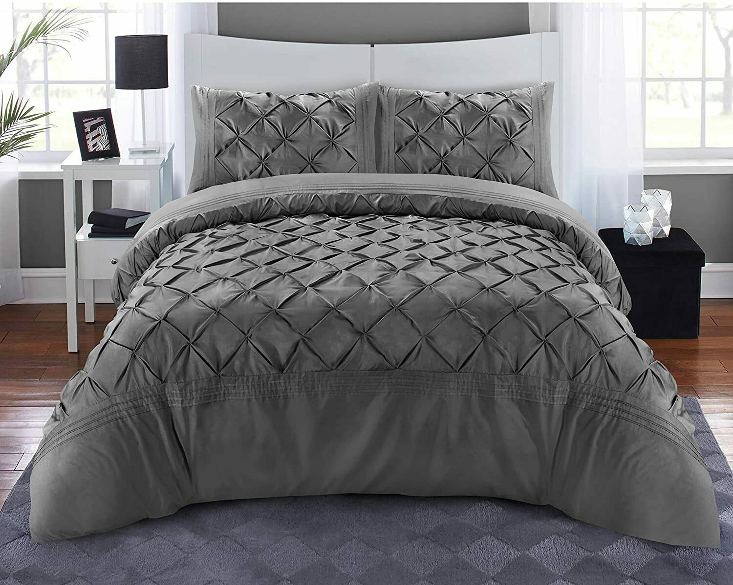 Charcoal Deluxe pintuck duvet cover set with structured folded-diamond detailing