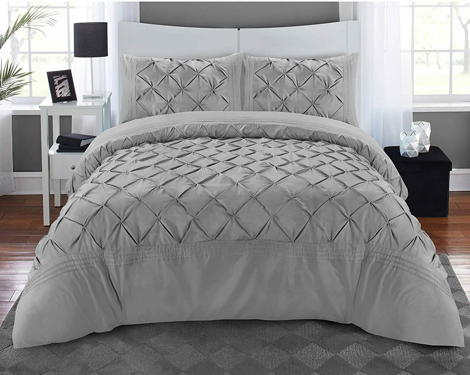 Silver Deluxe pintuck duvet cover set with geometric pleats and smooth lower panel