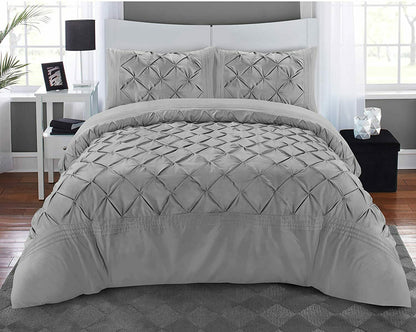 Silver Deluxe pintuck duvet cover set with geometric pleats and smooth lower panel
