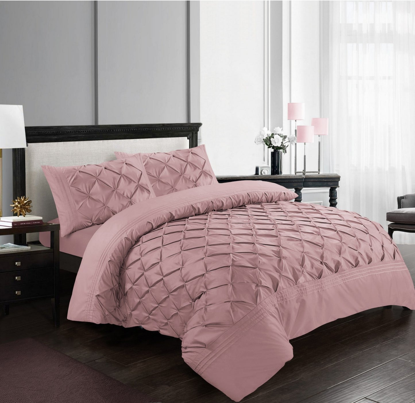 Soft pink Deluxe pintuck duvet cover set styled in a contemporary bedroom