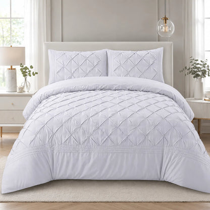 White Deluxe pintuck duvet cover set with folded-diamond design and matching pillowcases