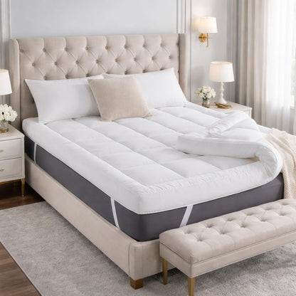 Double mattress topper with quilted comfort layer and elasticated corner straps on bed