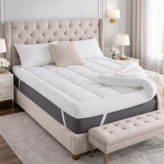 Double mattress topper with quilted comfort layer and elasticated corner straps on bed