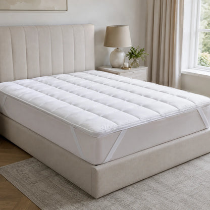 White Double mattress topper with quilted surface and elasticated corner straps on a bed