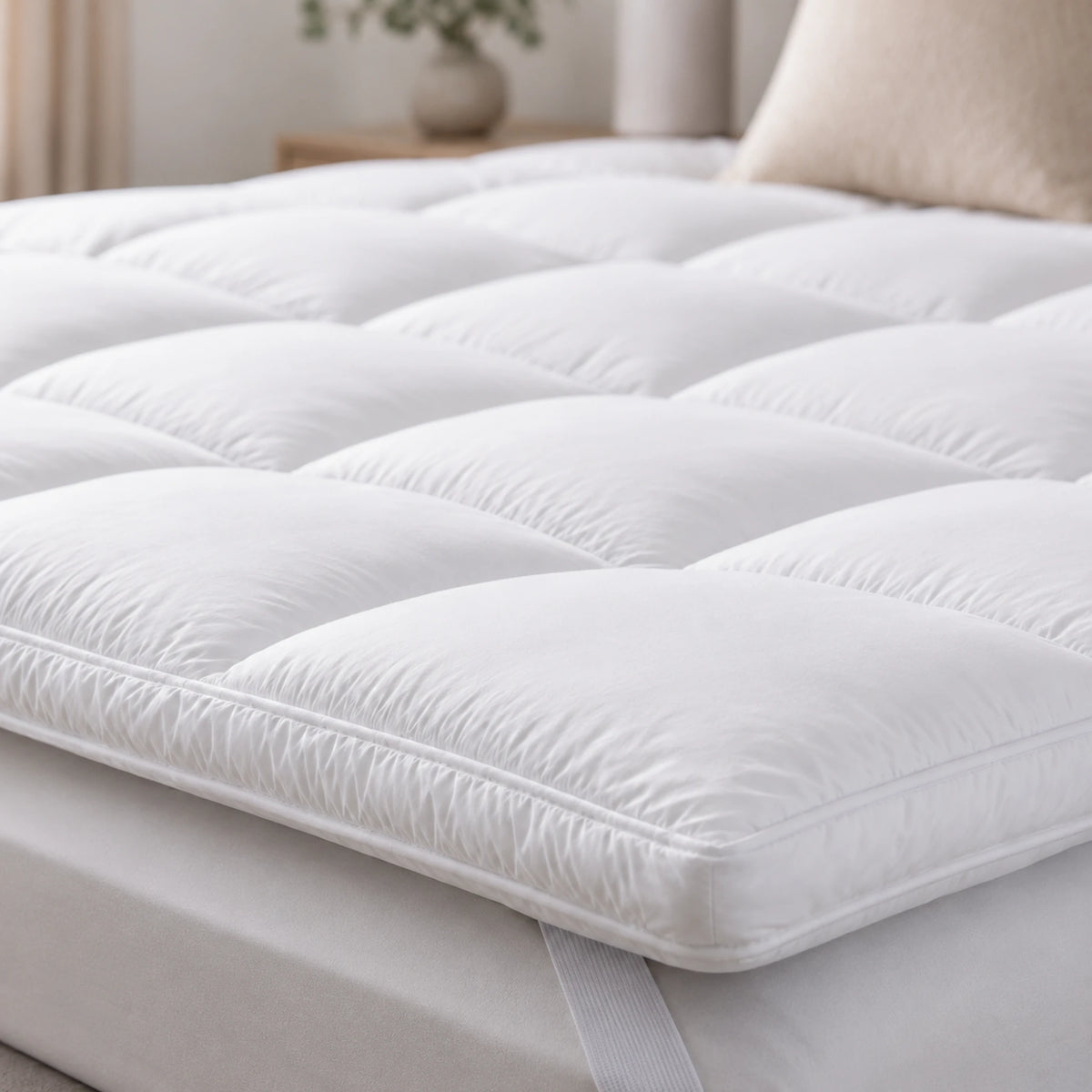Close-up of quilted padding on a white Double mattress topper