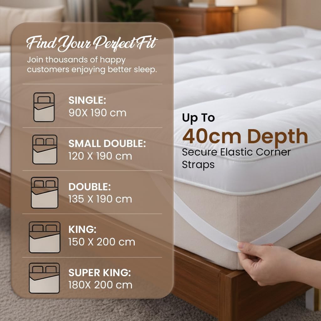 Double mattress topper with secure elastic corner straps for a fitted hold