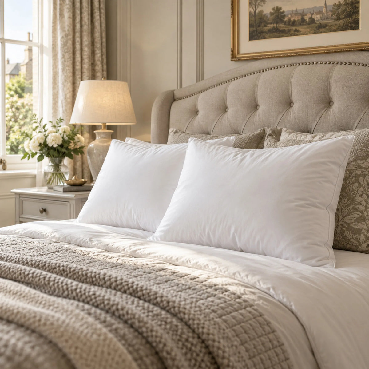 Two white duck feather pillows styled on a bed