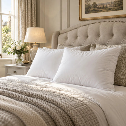 Two white duck feather pillows styled on a bed