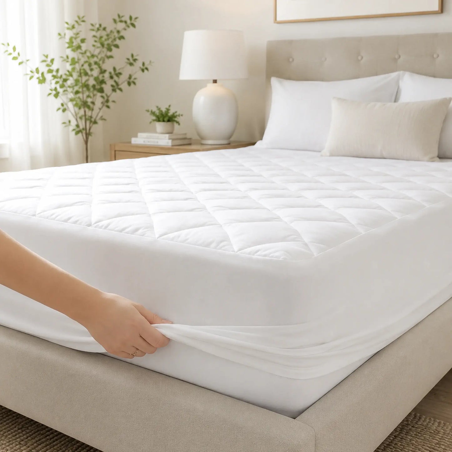 A white quilted mattress protector fitted over a bed, with a hand pulling the corner to show elasticity. The bed is styled with a beige upholstered headboard, white pillows, and a bedside lamp in a bright, modern bedroom.