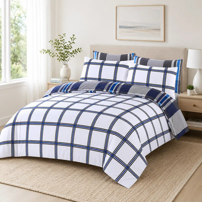 Gingham duvet cover set showing the white reverse side with navy check lines