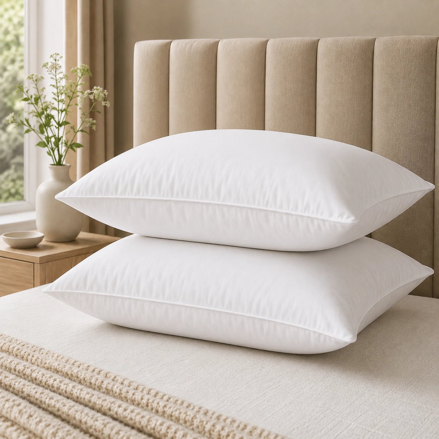 Two goose feather pillows stacked together on the bed, shown as the pair they come in