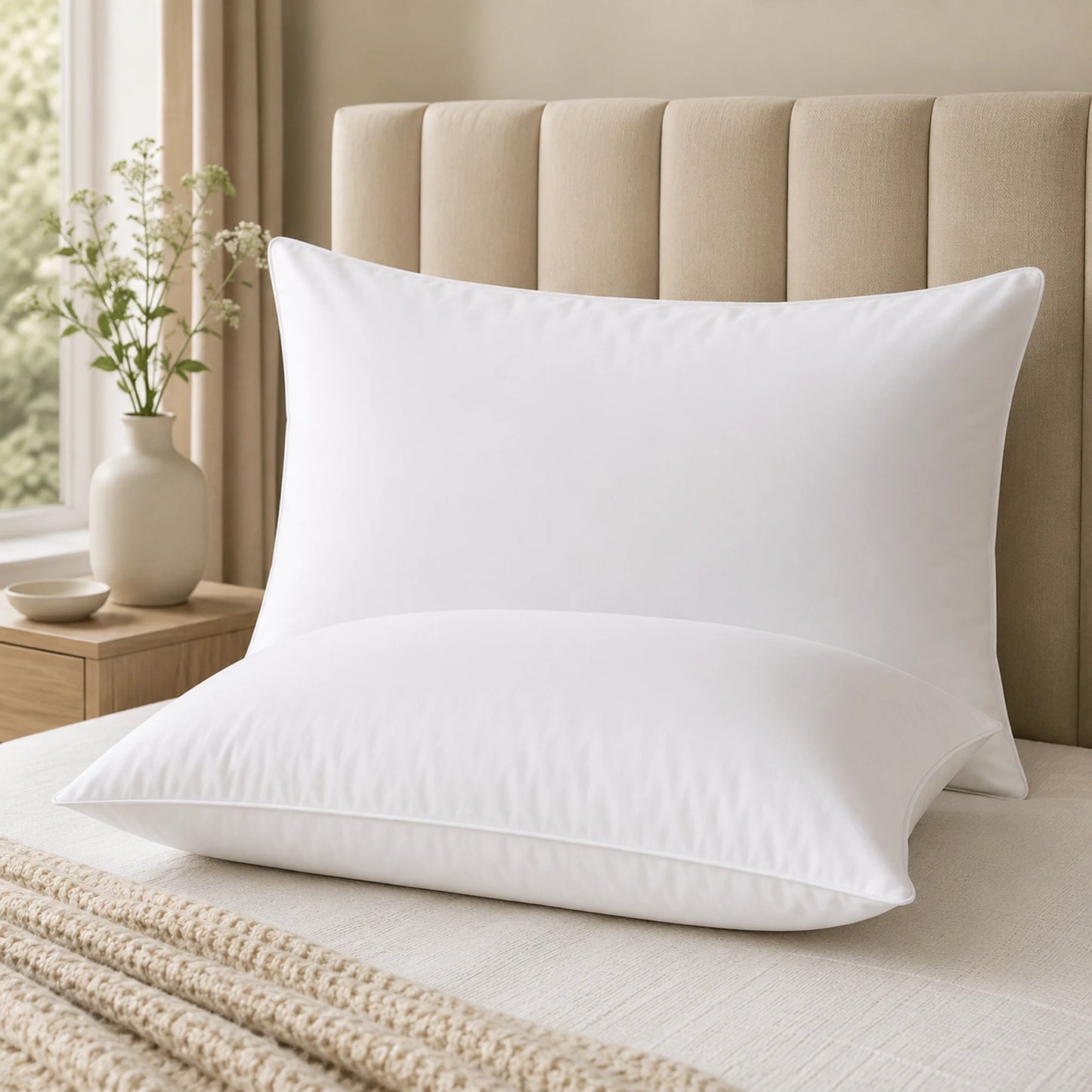 Goose feather pillow with a piped white cotton cover, propped upright against a tufted beige headboard