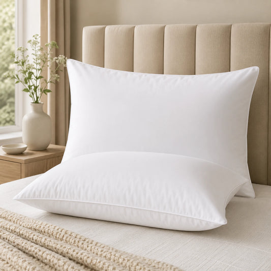 Goose feather pillow with a piped white cotton cover, propped upright against a tufted beige headboard