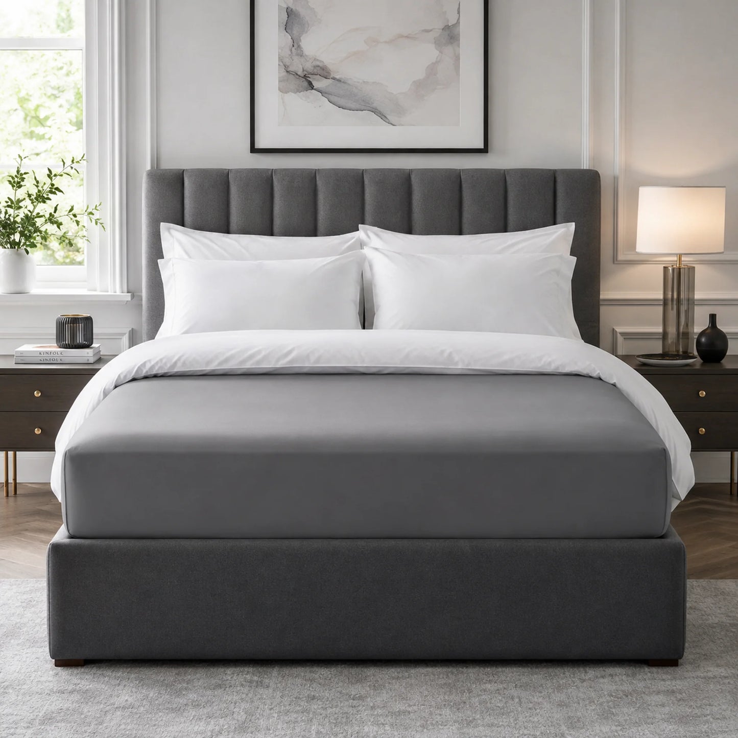 Grey 400 thread count 40cm extra deep fitted sheet on a bed