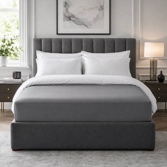 Grey 400 thread count 40cm extra deep fitted sheet on a bed