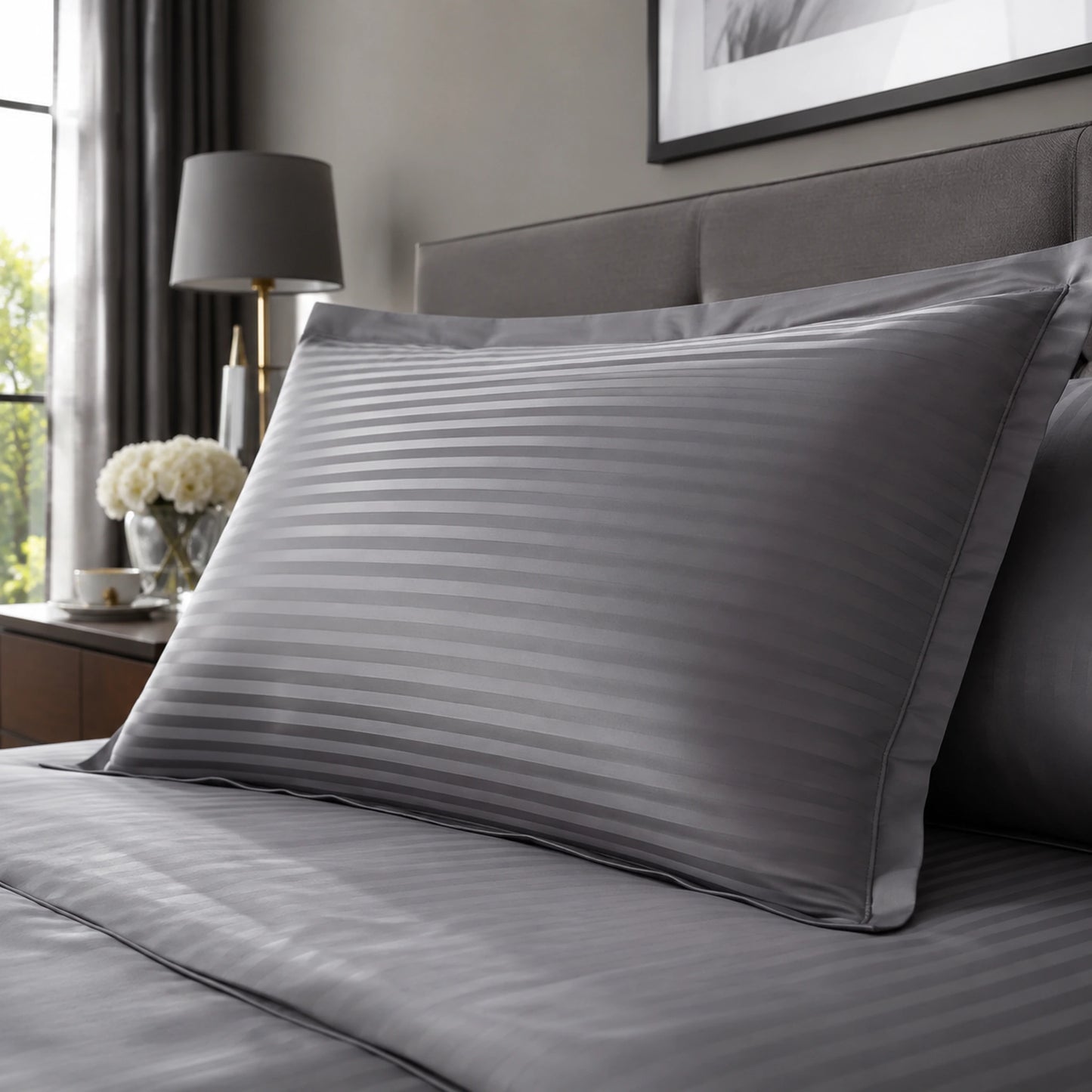 Grey 600 thread count striped pillowcase on a bed