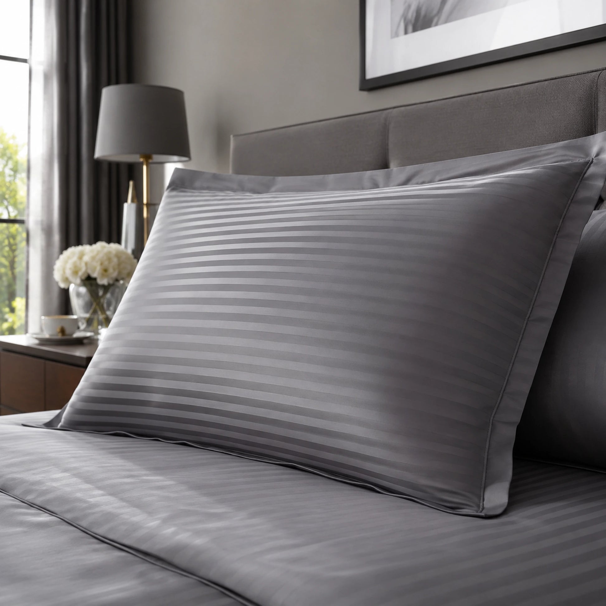 Grey 600 thread count striped pillowcase on a bed