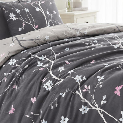 Close-up of grey brushed microfibre fabric with white floral print