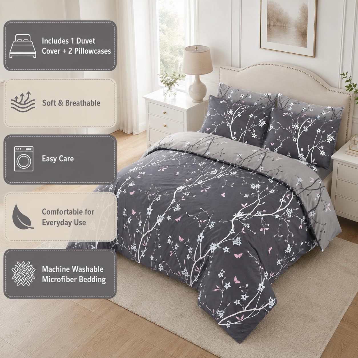 Grey floral duvet cover set showing soft, breathable and machine washable features