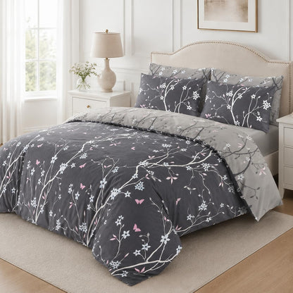 Grey duvet cover set showing the reverse side in a lighter grey floral tone