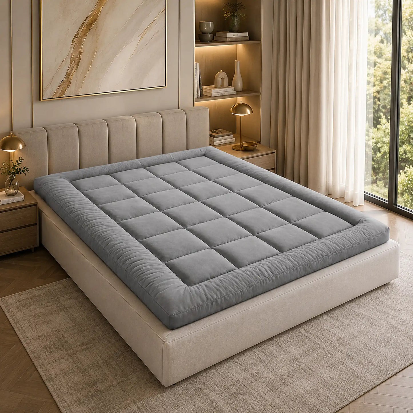Grey mattress topper with quilted padding styled on a modern bed