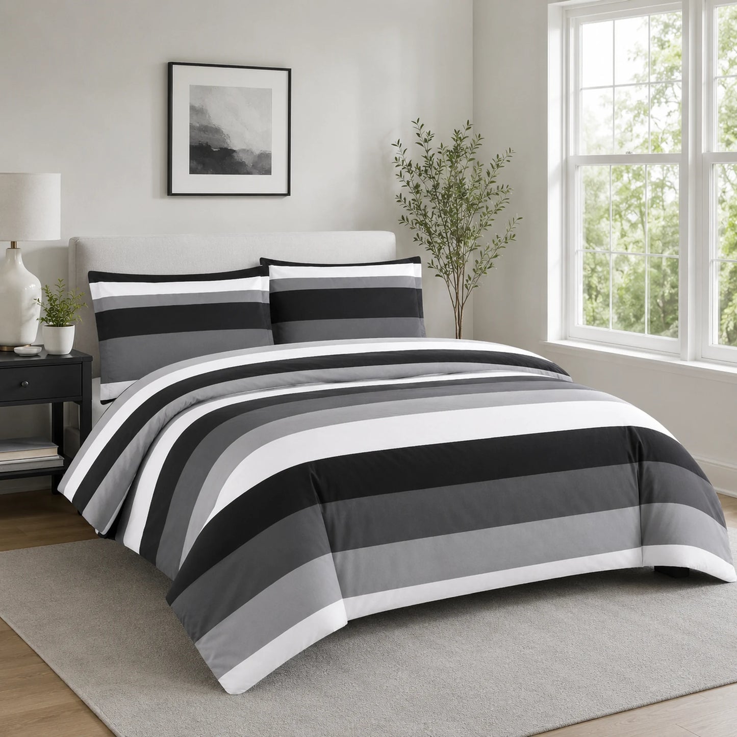 Reversible grey striped duvet cover set shown with close-up stripe pattern detail
