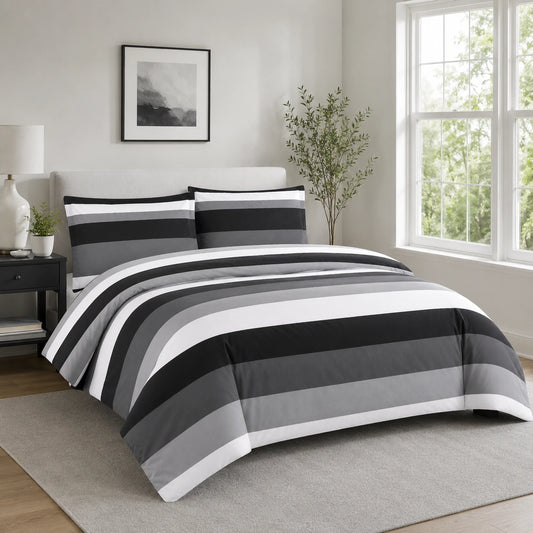 Reversible grey striped duvet cover set shown with close-up stripe pattern detail