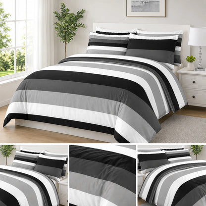 Wide stripe grey and white duvet cover set styled in a modern grey bedroom