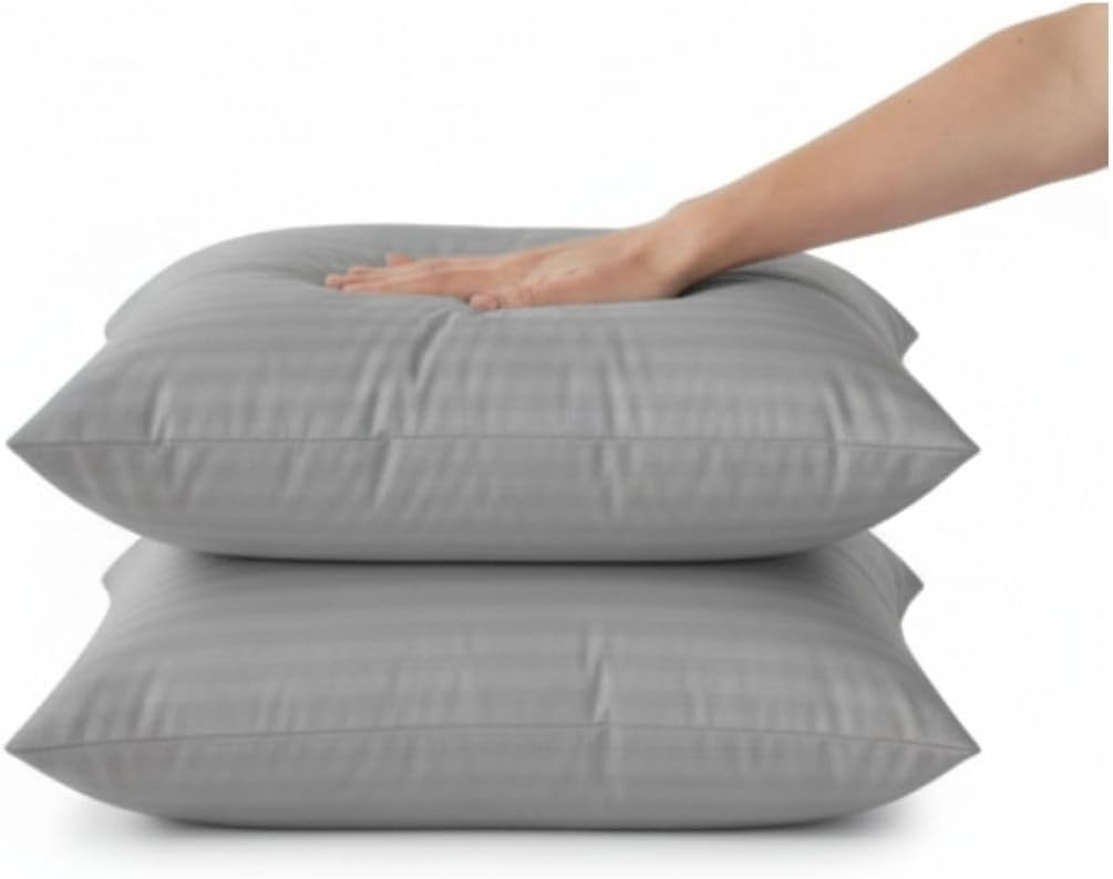 Grey stripe pillow showing soft bounce-back support
