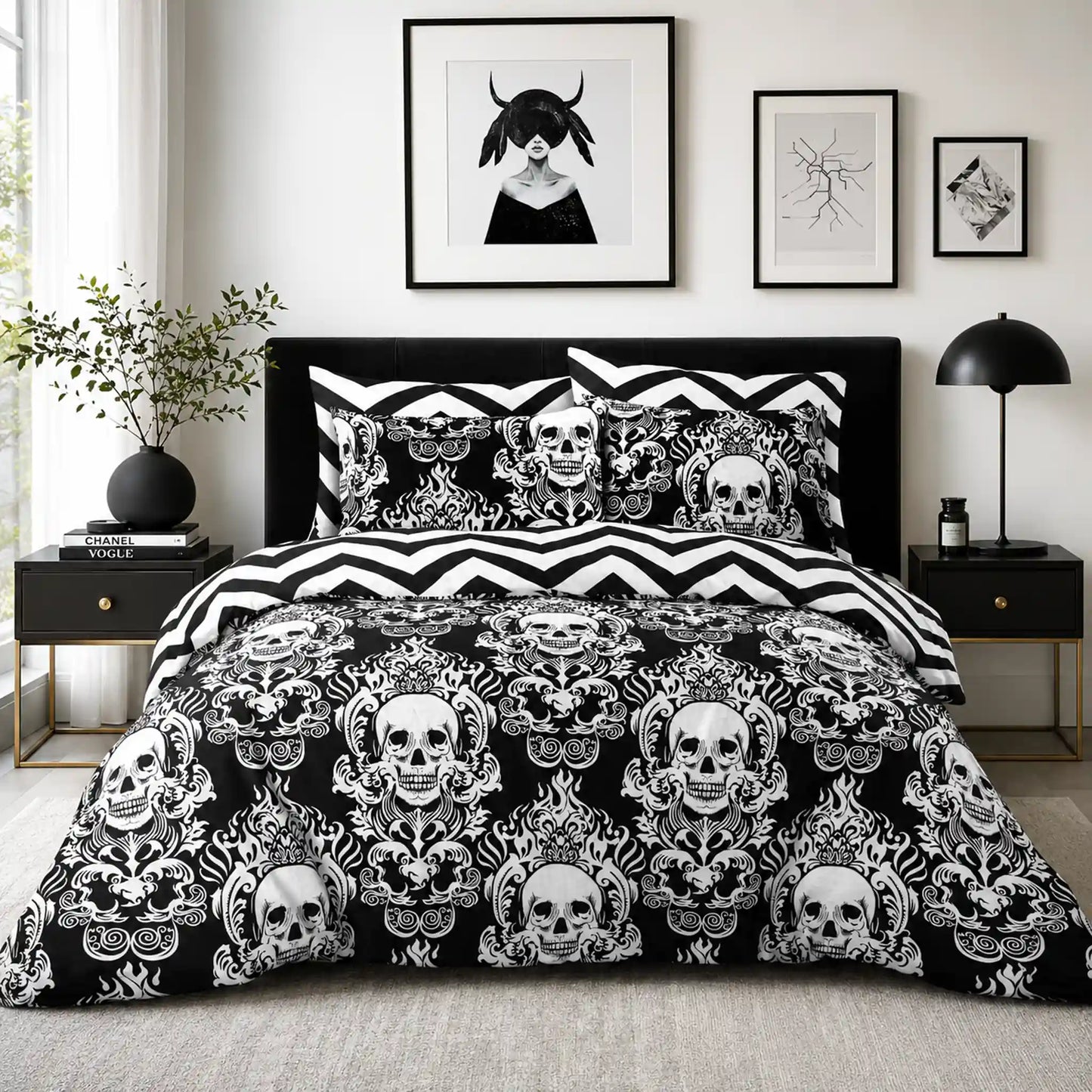 Black and white Halloween duvet cover set with baroque skull design and matching pillowcases