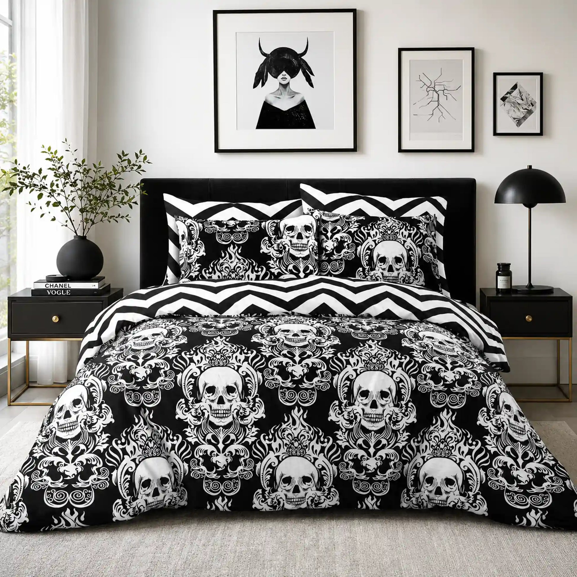 Black and white Halloween duvet cover set with baroque skull design and matching pillowcases