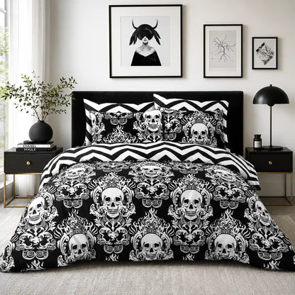 Black and white Halloween duvet cover set with baroque skull design and matching pillowcases