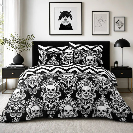 Black and white Halloween duvet cover set with baroque skull design and matching pillowcases
