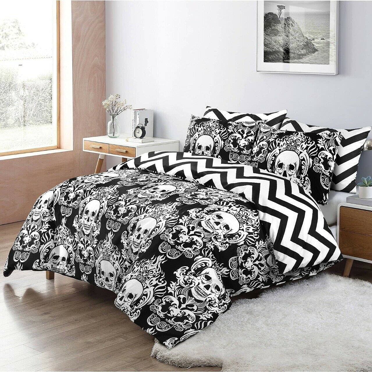 Halloween duvet cover set styled in a bedroom showing chevron reverse pillowcases
